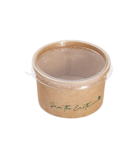 Mini tarrina para salsas Ø 6,5 x 4,0 cm 90 ml kraft 210 + PE 18 g/m² con tapa rPET